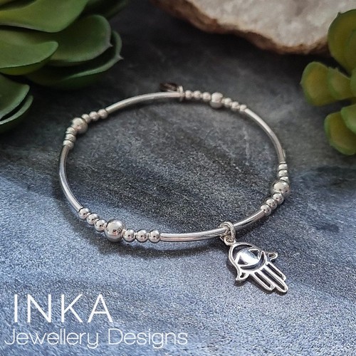 925 Sterling Silver bead & noodle Stacking Bracelet with Evil Eye Hamsa By INKA - Picture 3 of 9