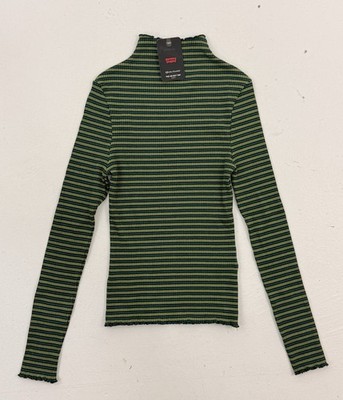 Levis Womens Go-Out Top Rib Knit Stretch XS Green Blue Stripe Long Sleeve Mock