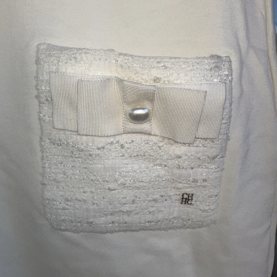 Carolina Herrera White Dress Bow Faux Button Pearl Pocket Small/Petite - Image 4 of 4