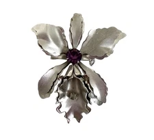 Silver Tone Orchid Flower Brooch Purple Rhinestone Center Convertible Pendant
