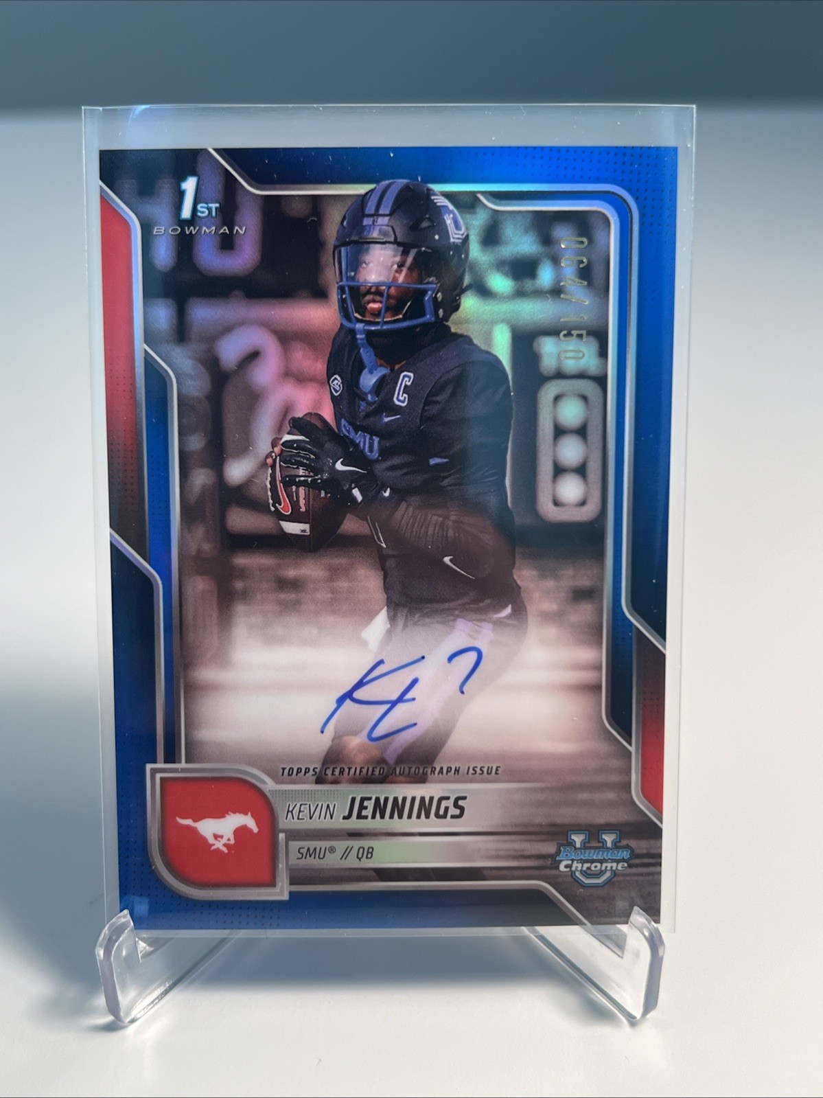2025 Bowman Chrome U Kevin Jennings 1st Blue Refractor Auto #/150 - SMU Mustangs