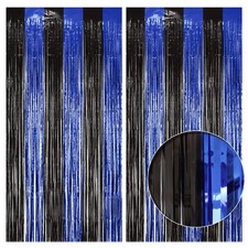 2 Pack Black Blue Fringe Backdrop 3.2x8.2 Ft Shining Foil Tinsel Curtains