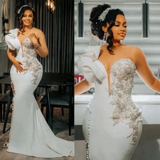 Custom Sexy Sheer Neck Long Sleeves Mermaid Wedding Dress Side Split Crystals