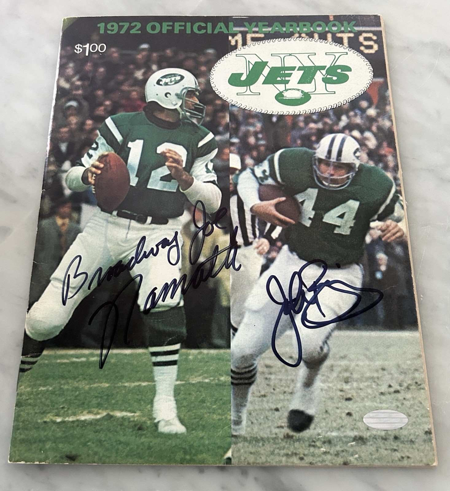 Joe Namath Autographed Signed New York Jets & JOHN RIGGINS DUAL 1972 YEARBOOK JSA 