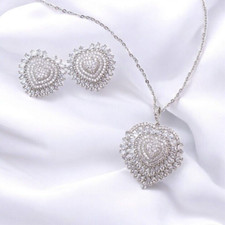 Rhodium Plated with Cubic Zirconia Heart Pendant Necklace Earrings Jewelry Set.