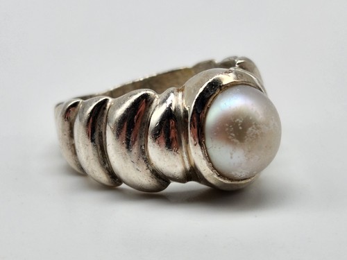 Größe 6,25 Sterlingsilber Ring Stroh gewellter Stil Rund Weiß Perle Farbe Stein - Bild 6 von 6