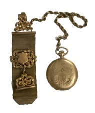 ANTIQUE ELGIN GOLD PLATED POCKET WATCH  GOLD FILLED VICTORIAN MESH CLIP CHAIN