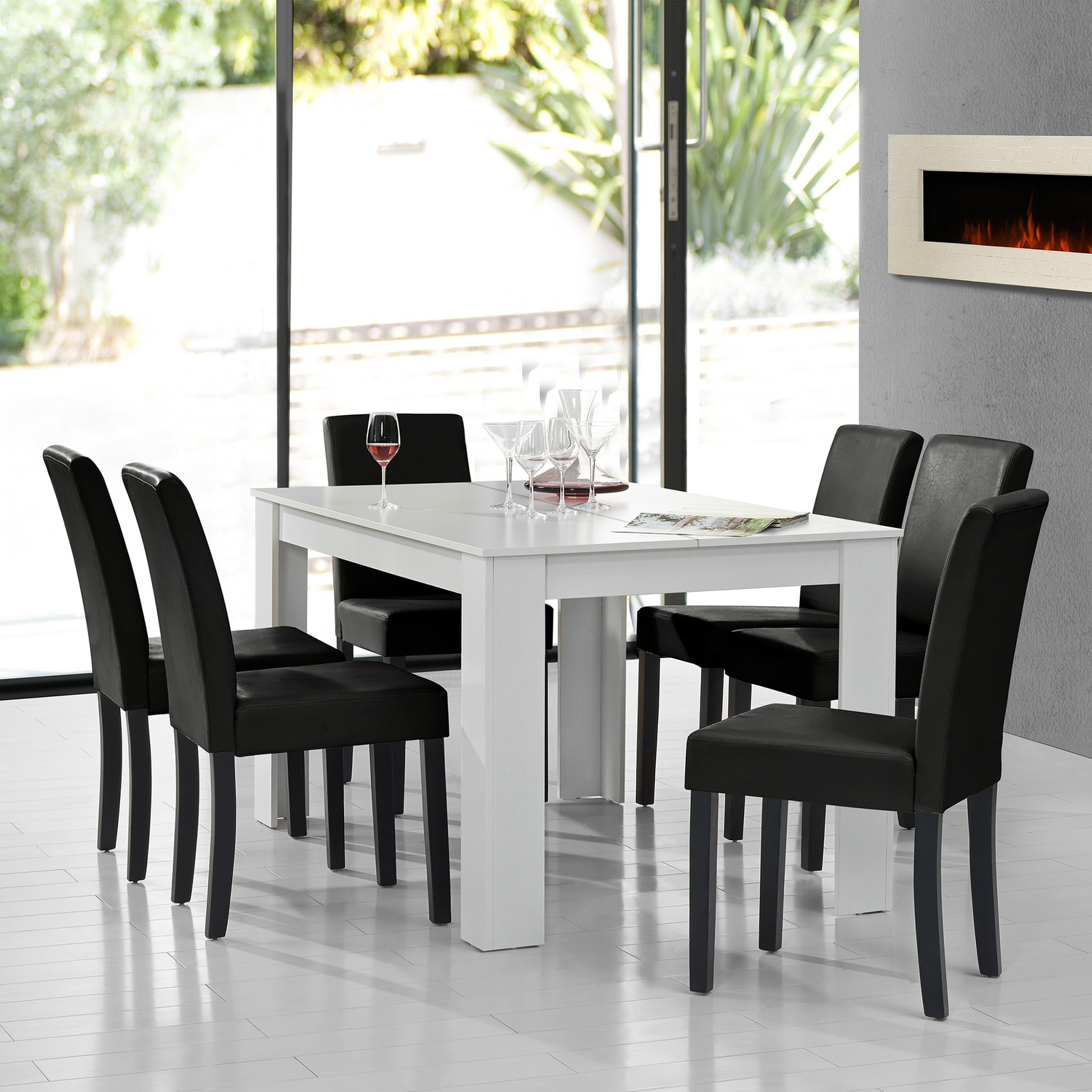 [en.casa] Esstisch weiß mit 6 Stühlen schwarz [140x90] Tisch Stühle Essgruppe