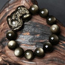 14mm Jewelry Bracelet Gold Obsidian Natural Stone Couple Pixiu Bracelets