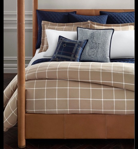 Ralph Lauren Modern Equestrian Duvet Cover Full/Queen Windowpane Camel/Cream NEW