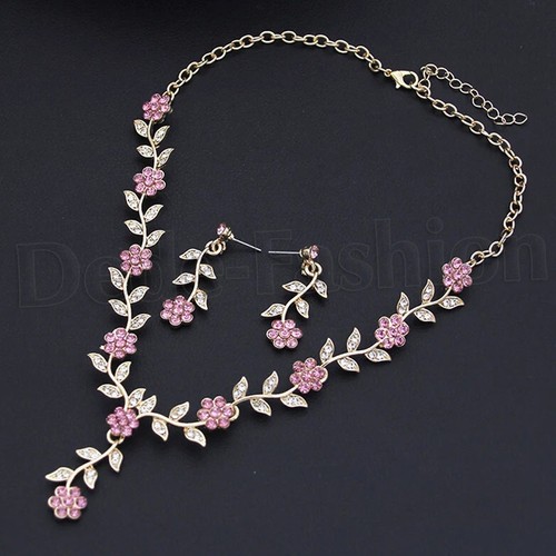 NEU 2tlg. Schmuckset ROSA Blüte COLLIER Braut HALSKETTE Hochzeit OHRRINGE Strass - Bild 2 von 8