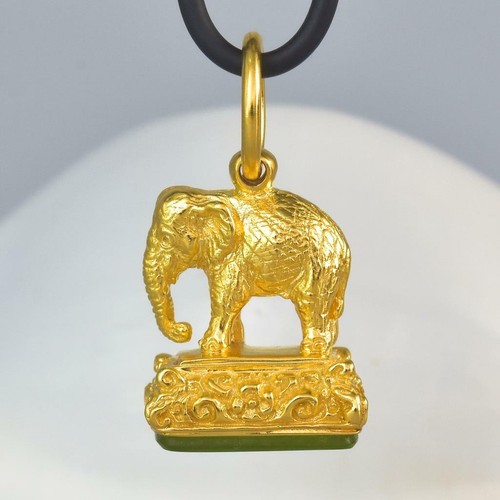 Colgante Oro Vermeil de Ley Verde Calcedonia Elefante de Bolsillo Sello 10.18G