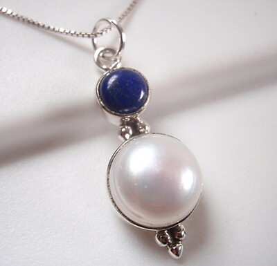 Cultured Pearl and Lapis Cabochon 925 Sterling Silver Necklace