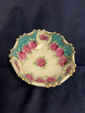 Lovely Hand Painted 5-1/2" Footed Bowl Unmarked Red Flowers Gold Trim