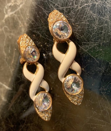 Bijoux Designs NY Clip Earrings Cream Enamel Rivoli Rhinestone 2.5" Free Ship - Picture 1 of 9