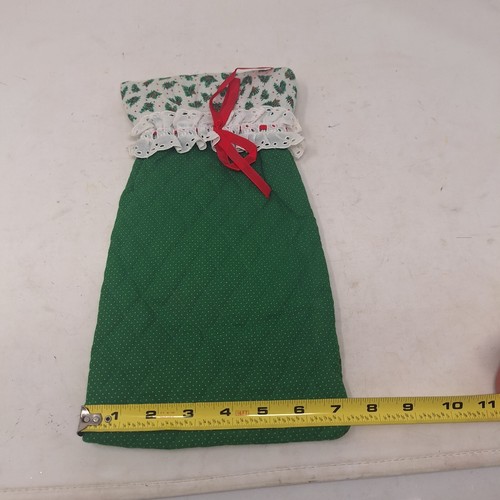 Vintage Handmade Wine Bottle Sleeve Cover Green Quilted Fabric White Lace Sewn - Picture 4 of 6
