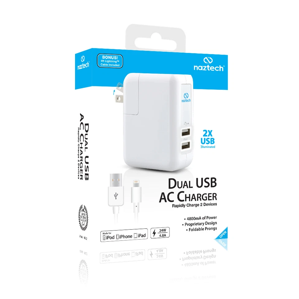 Naztech N422 AC Lightning MFI White N422-12414 Dual USB Travel Charger -NICE!!! - Image 4 of 4