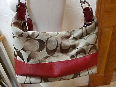 COACH F17434 LOGO Canvas Hobo bag purse brown dark red COACH F17434 LOGO Canvas Hobo bag purse brown dark red