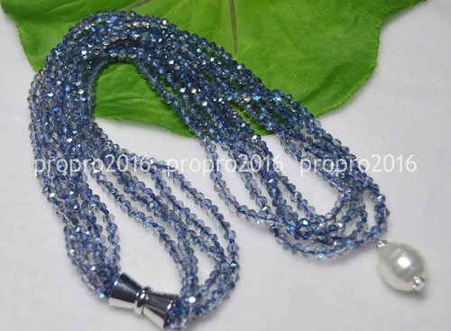 20'' 5 Strands 3x4mm Blue AB Crystal Shell Pearl Pendant Necklace PN1725 - Picture 5 of 6