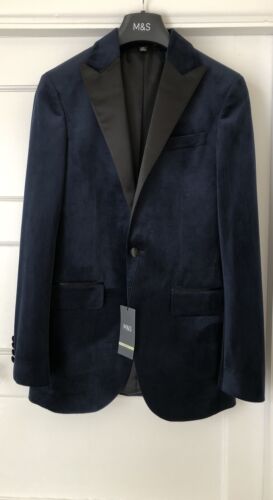 Marks & Spencer Mens Blazer Dinner Jacket Tuxedo Slim Fit Navy Blue Velvet 36 R - Afbeelding 1 van 7