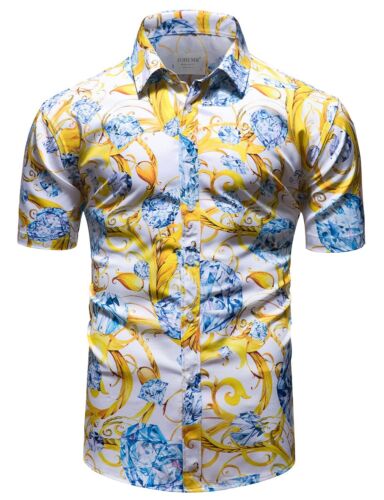 Mens Gold Chain Dress Shirts Luxury Short Sleeve Baroque Print Casual Button ...