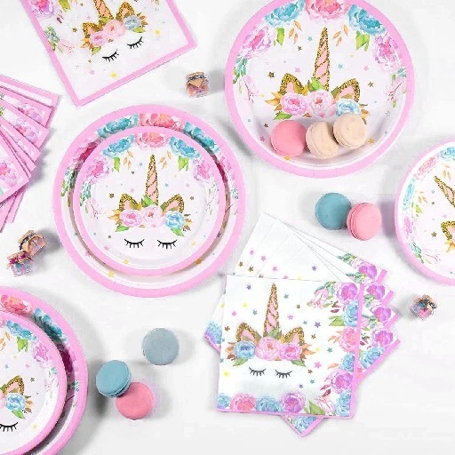 Decoraciones de cumpleaños de unicornio para niñas fiesta 32 platos 16 servilletas cubierta de 1 mesa Foto 4 de 4