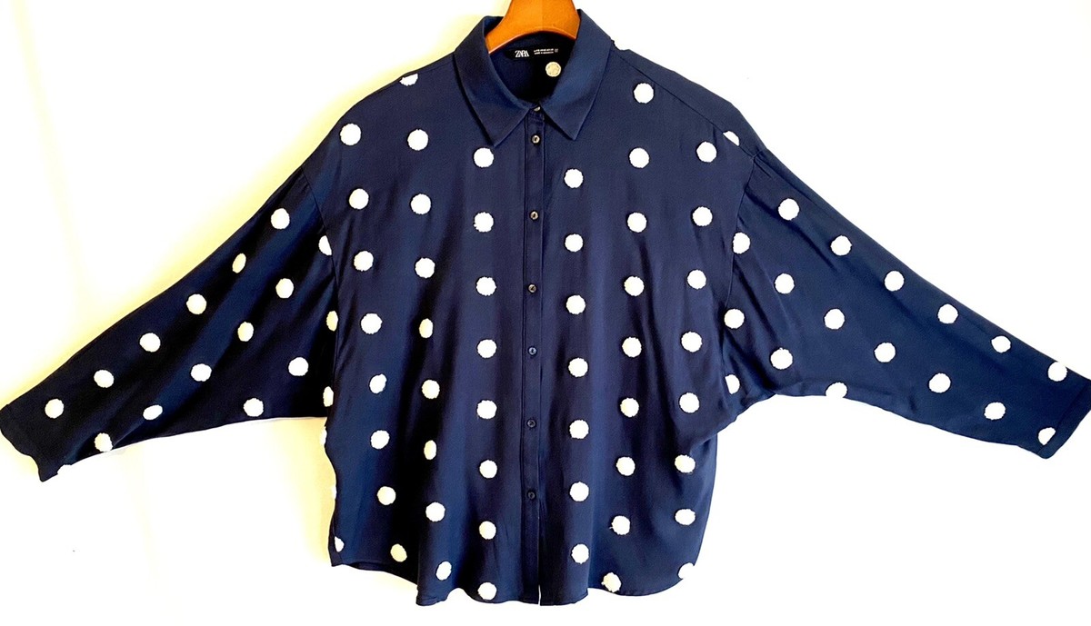【新品未使用】pois ポワ blouse tee navy 洗える】フェミニッシュパウダー dots ボウタイ ブラウス / J