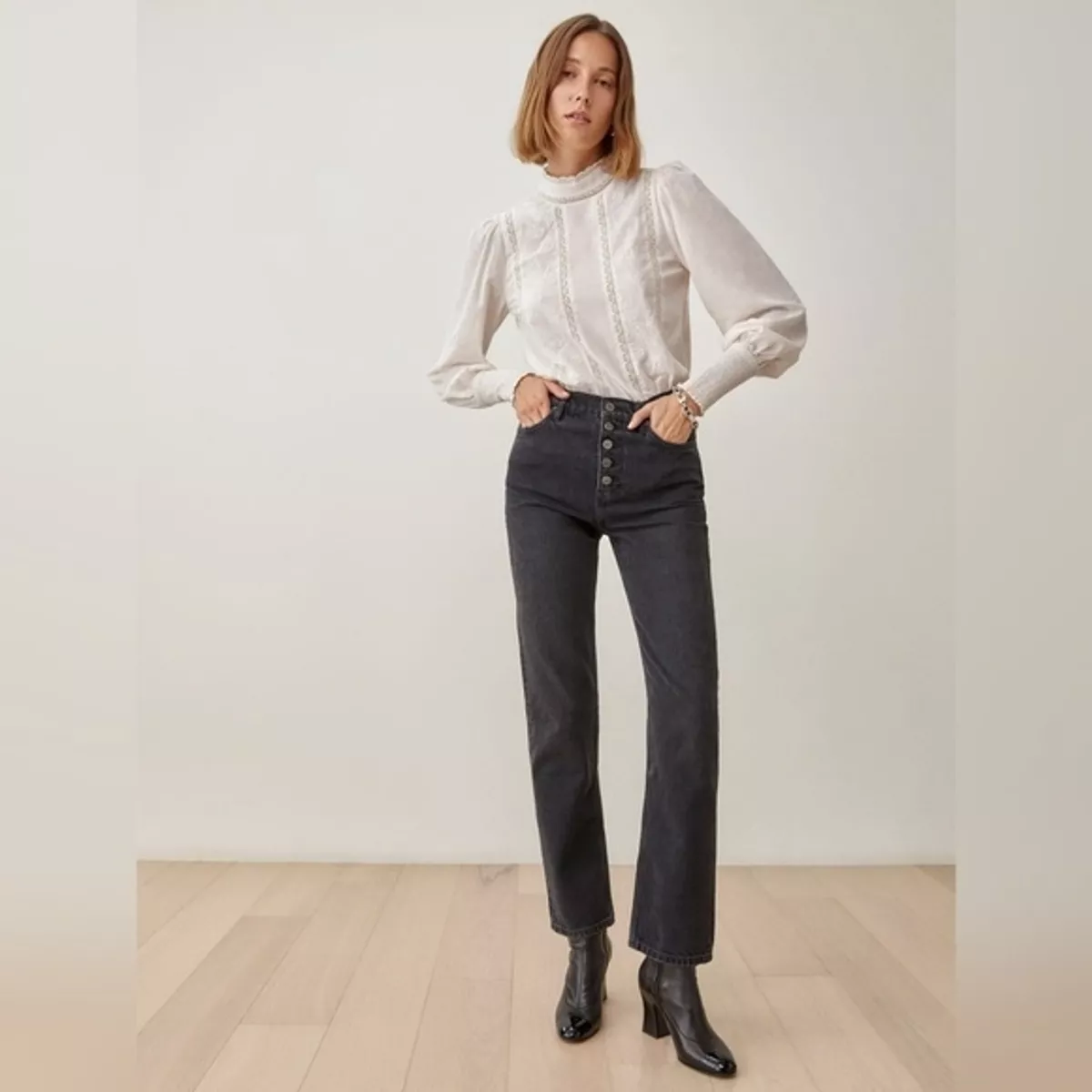 High waisted button fly jeans sale black