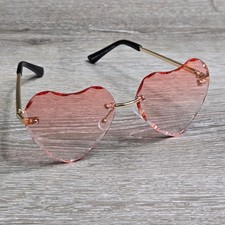 Vintage Heart Shaped Sunglasses Rimless Pink Rose Lens Gold Metal Arms Fashion