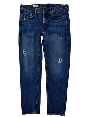 Gap 1969 Blue Dark Wash Mid-Rise Distressed Sexy Boyfriend Denim Jeans Women's 4