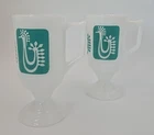 2 Vtg Federal Milk Glass Pedestal Cups Mugs Turquoise Roosters Farm Kitchen MCM