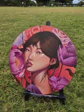 Acrylic Woman Portrait Painting on Round Canvas With Flowers