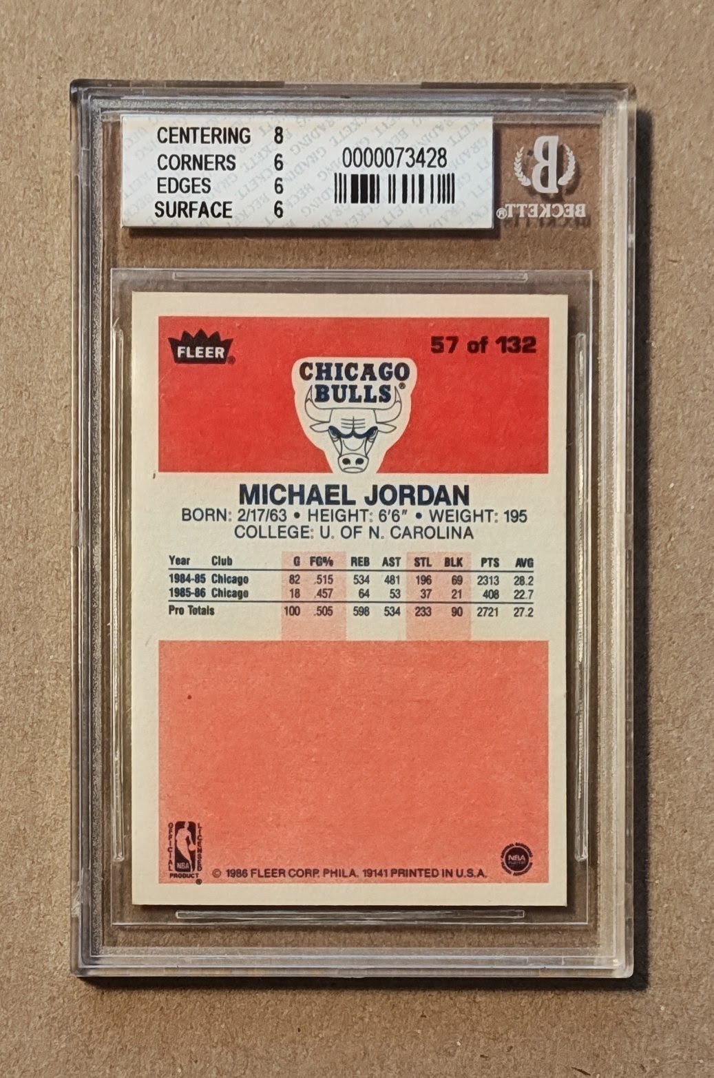 1986 Fleer Michael Jordan Rookie #57 Beckett 6 view 4