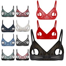Women Bra Lingerie Mesh Hollow Out Open Nipples Wireless Unlined Bralette Tops