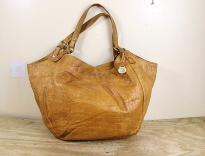 Brahmin HOBO TOTE Croc Embossed L JACQUELINE Brown Yellow Leather Shoulder Bag