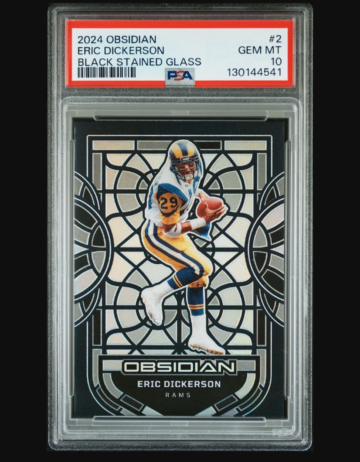 2024 Obsidian #2 Eric Dickerson Black Stained Glass PSA 10 RAMS Case Hit SSP