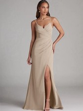 Azazie Maci Taupe Sheath Pleated Chiffon Dress size 10 NWT