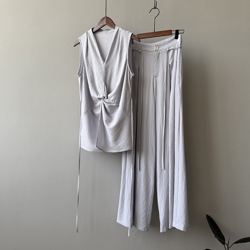 Damen Leinen Ärmellos Shirt Set Sommer Top Weites Bein Hose Freizeit Zweiteiler Set - Bild 26 von 27