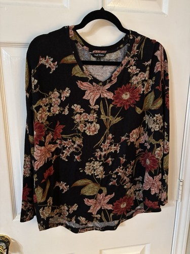 Maglione donna ben indossato morbido scollo a V nero multicolore floreale manica lunga taglia L - Foto 1 di 8