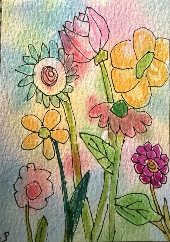 ACEO Original Floral Mixed Media painting by Lisa Post. “Flower Fantasy”
