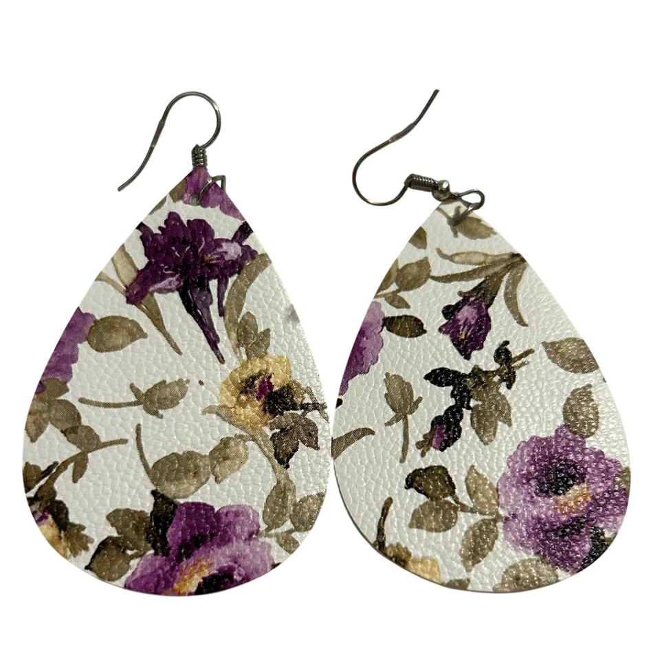 Pendientes Boho Colgantes Lágrima Floral Imitación Cuero Púrpura Amarillo Blanco Foto 2 de 2