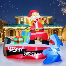 8ft Santa Clause Fishing for Sharks Merry Christmas Inflatable