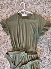 Brigitte Brianna Green Solid A-Line Dress Short Sleeve Round Neck Belted, S