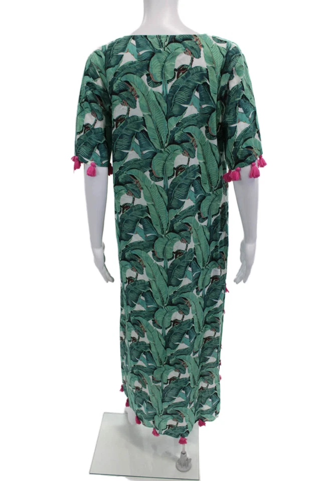 Maxi Vestido Para Mujer La Plage Verde Algodón Caftán Manga Corta Cuello Redondo Talla M Foto 3 de 4