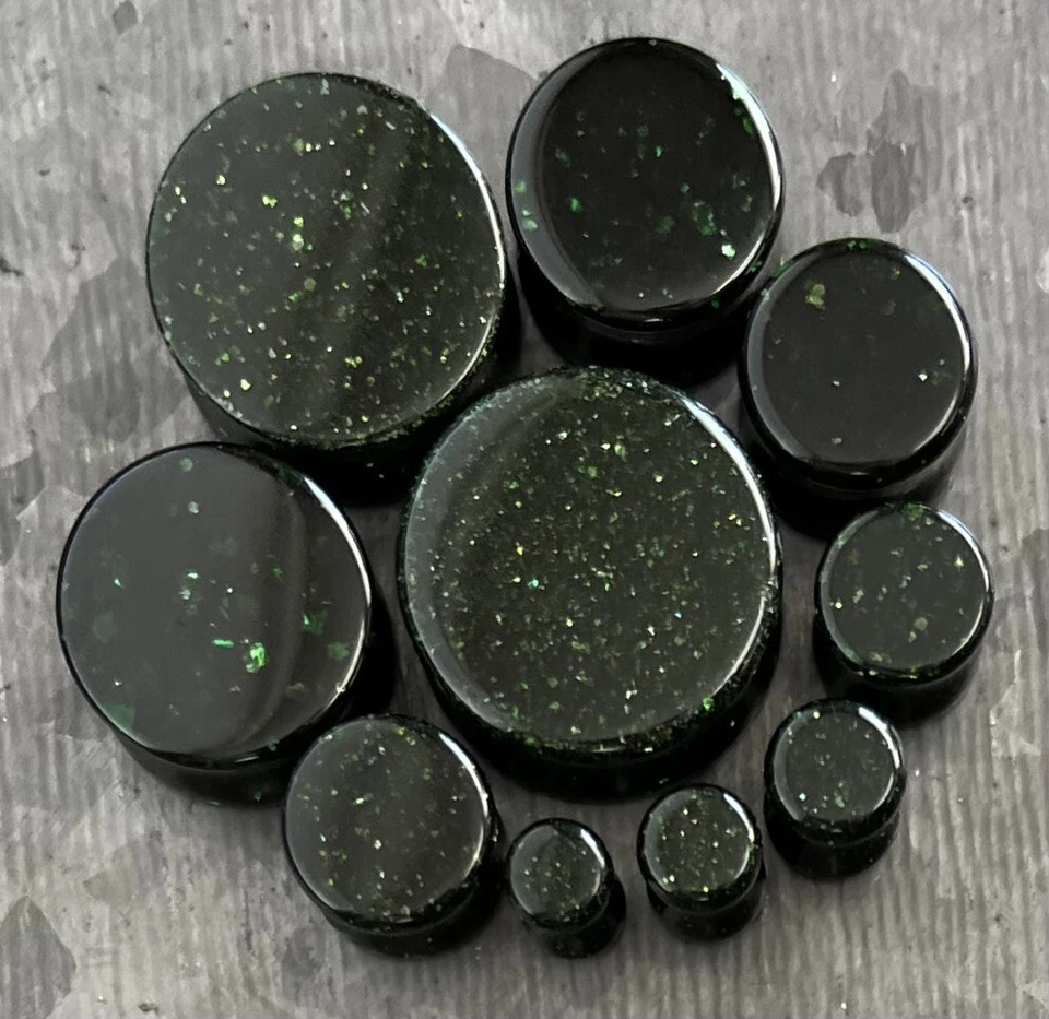 PAR de tapones de vidrio de piedra dorada verde piedra arenisca auricular medidores Foto 4 de 4