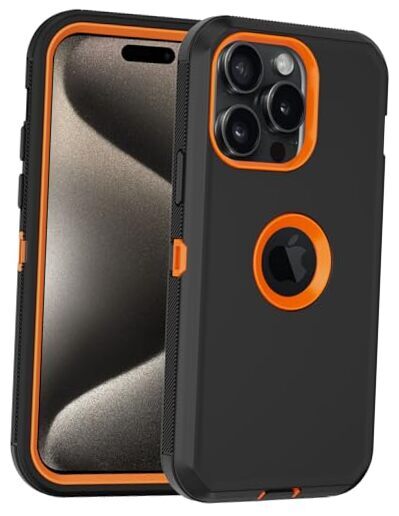for iPhone 15 Pro Max Case, with Built in Screen Protector Heavy Black/Orange