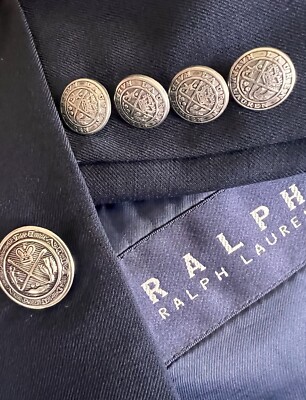 Ralph Lauren Blazer Mens 39R Navy Blue Silver Crest Button Sport Jacket  Flaw