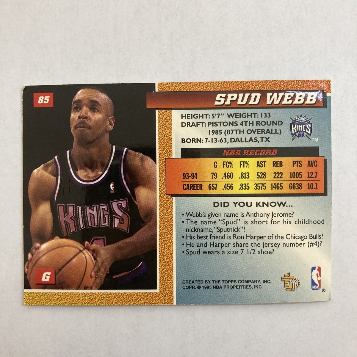 1994-95 Embossed Sacramento Kings Basketball Card #85 Spud Webb