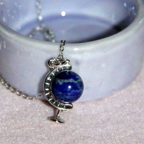 Halskette Collier + Anhänger natürlicher Lapislazuli Globus 38,5 cm 925 Silber - Bild 8 von 12