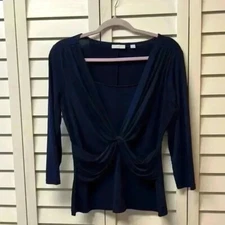 New York & Company 3/4 Sleeve Crisscross Stretch Top Women’s Size Medium Navy